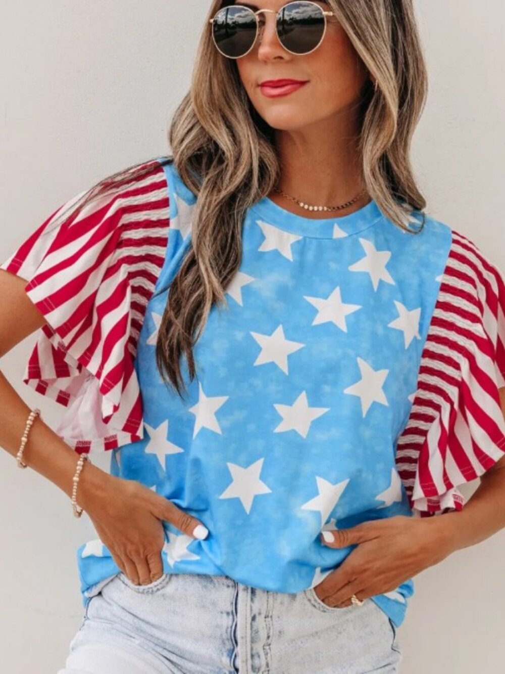 Sky Blue Vintage Star Print Striped Ruffle Sleeve Independence Day Top